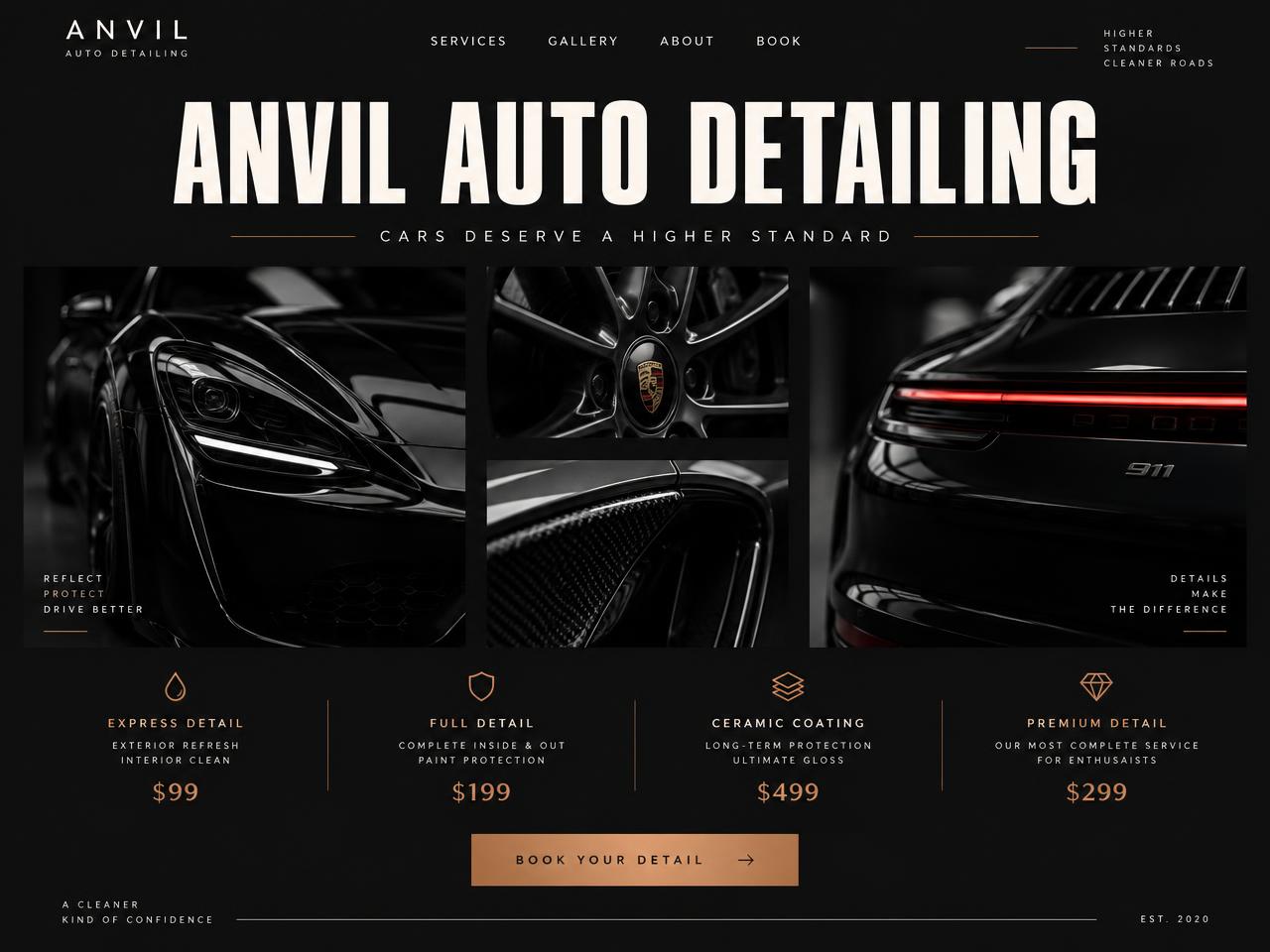 Concept design: a dark, gallery-led website for an auto detailing business